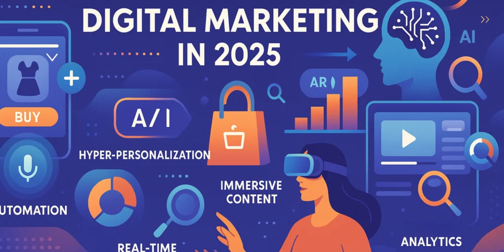 Futuristic digital marketing trends 2025 illustration